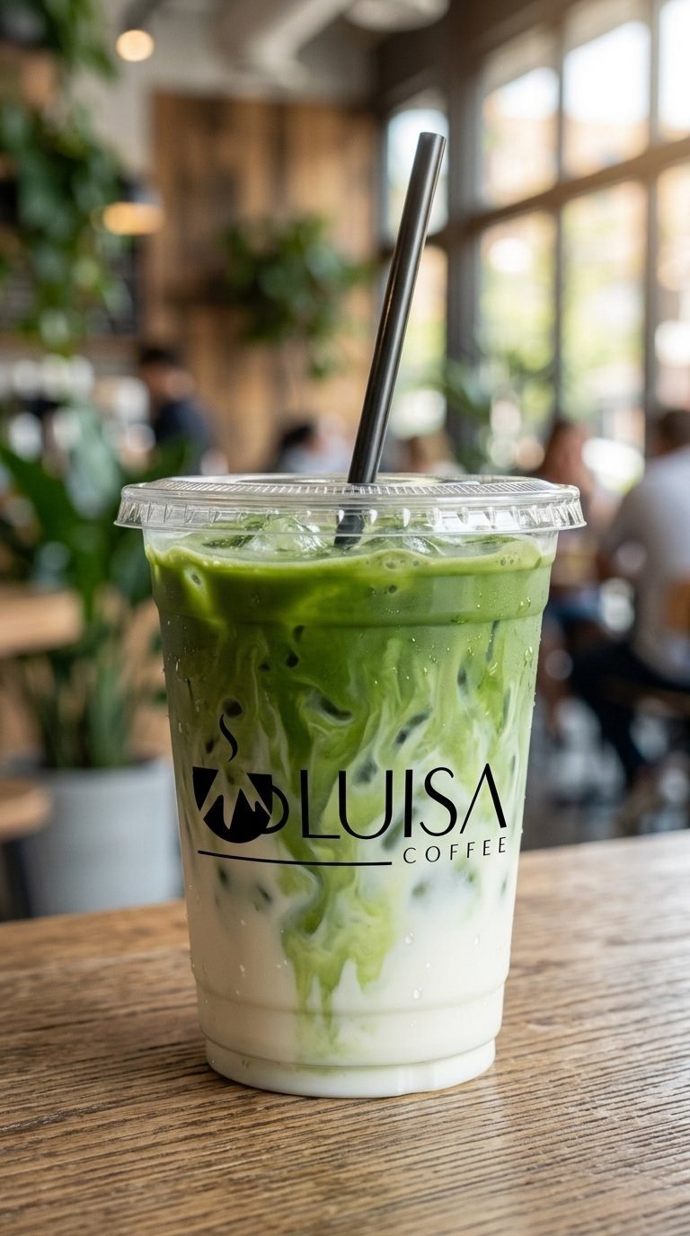 Iced matcha latte in a Luisa Coffee cup, part of the Miami Matcha Cart catering menu